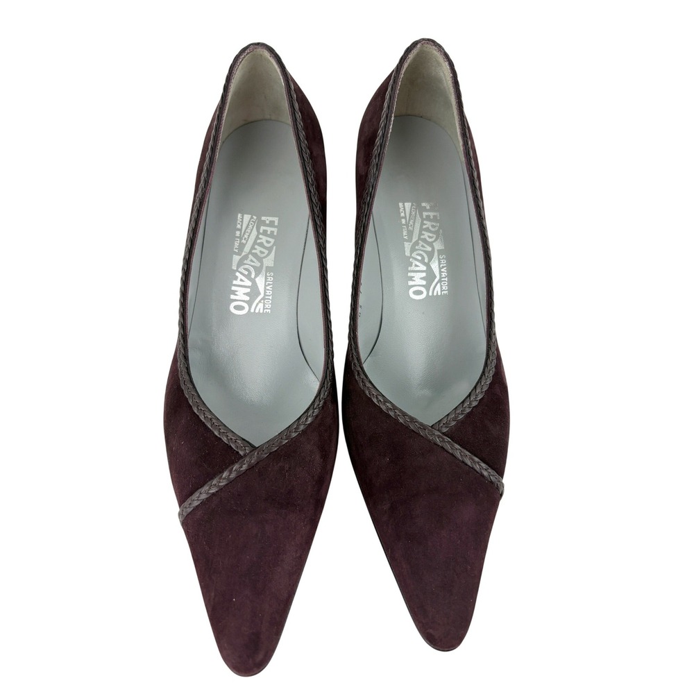 Salvatore Ferragamo Brown Suede Court Shoes Size 7B Pointed Toe Leather Piping - Picture 3 of 11